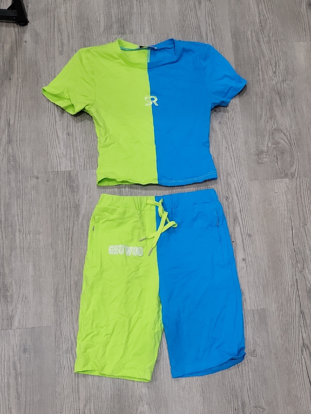 Two-Tone Lime & Blue Crop Top and Shorts Set